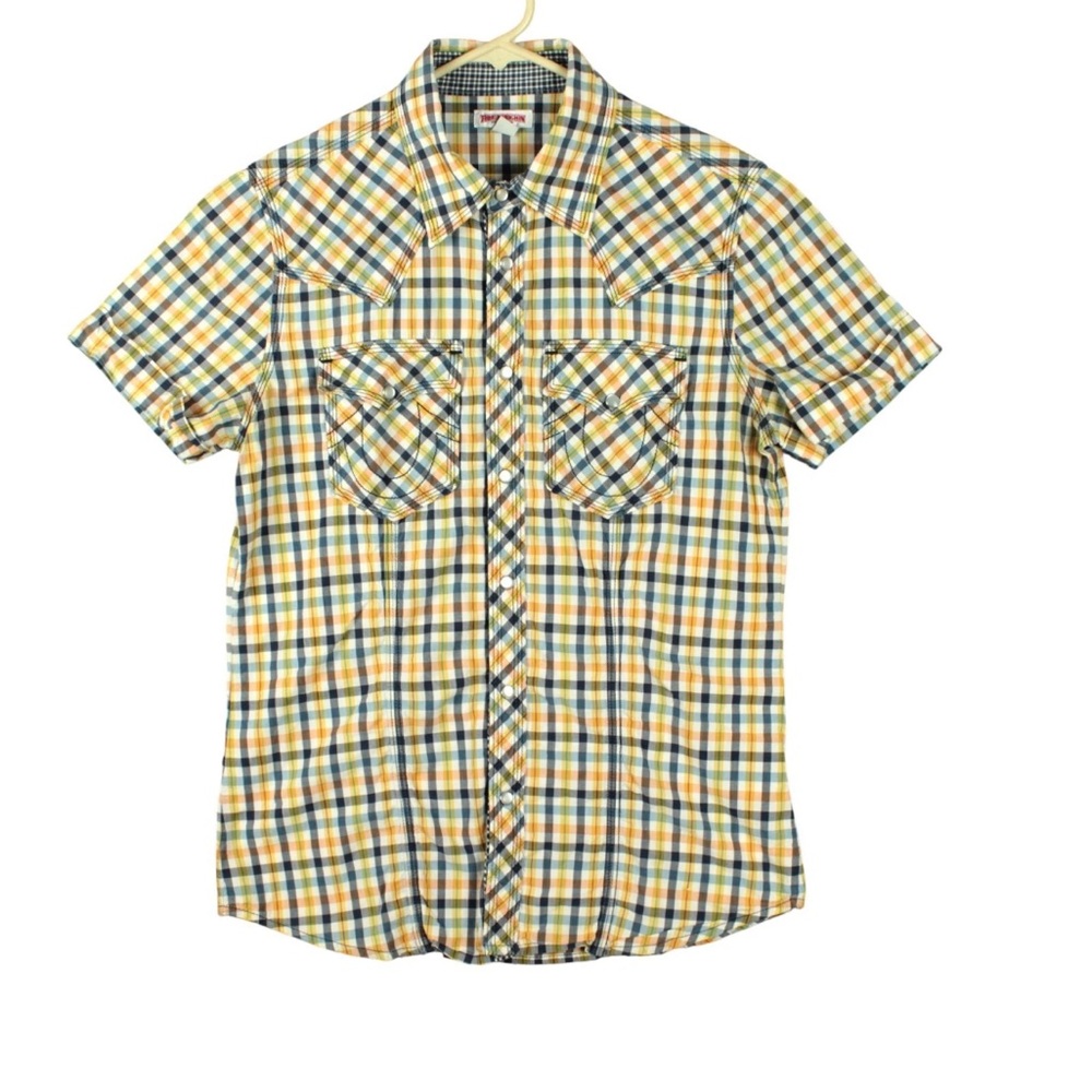 True Religion Men Western Plaid Pearl Snap Short Sleeve Shirt size S Yellow